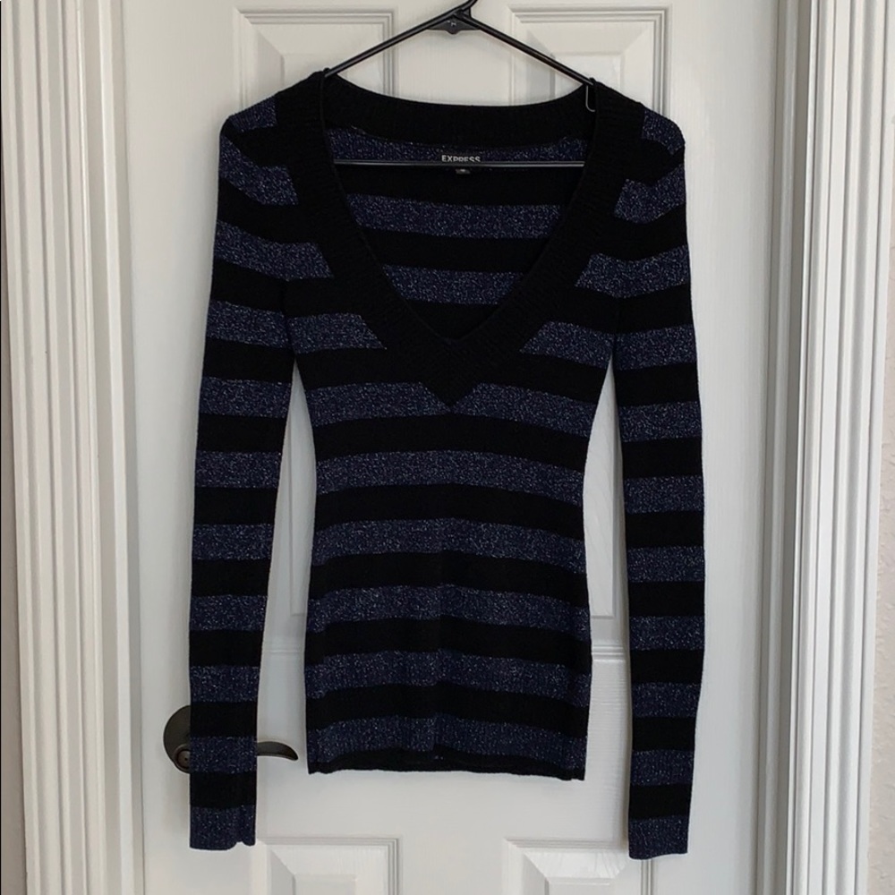 Express sparkly blue with black striped sweater